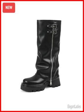 Faux Leather Platform Knee High Fold Over Boots Women Combat Moto